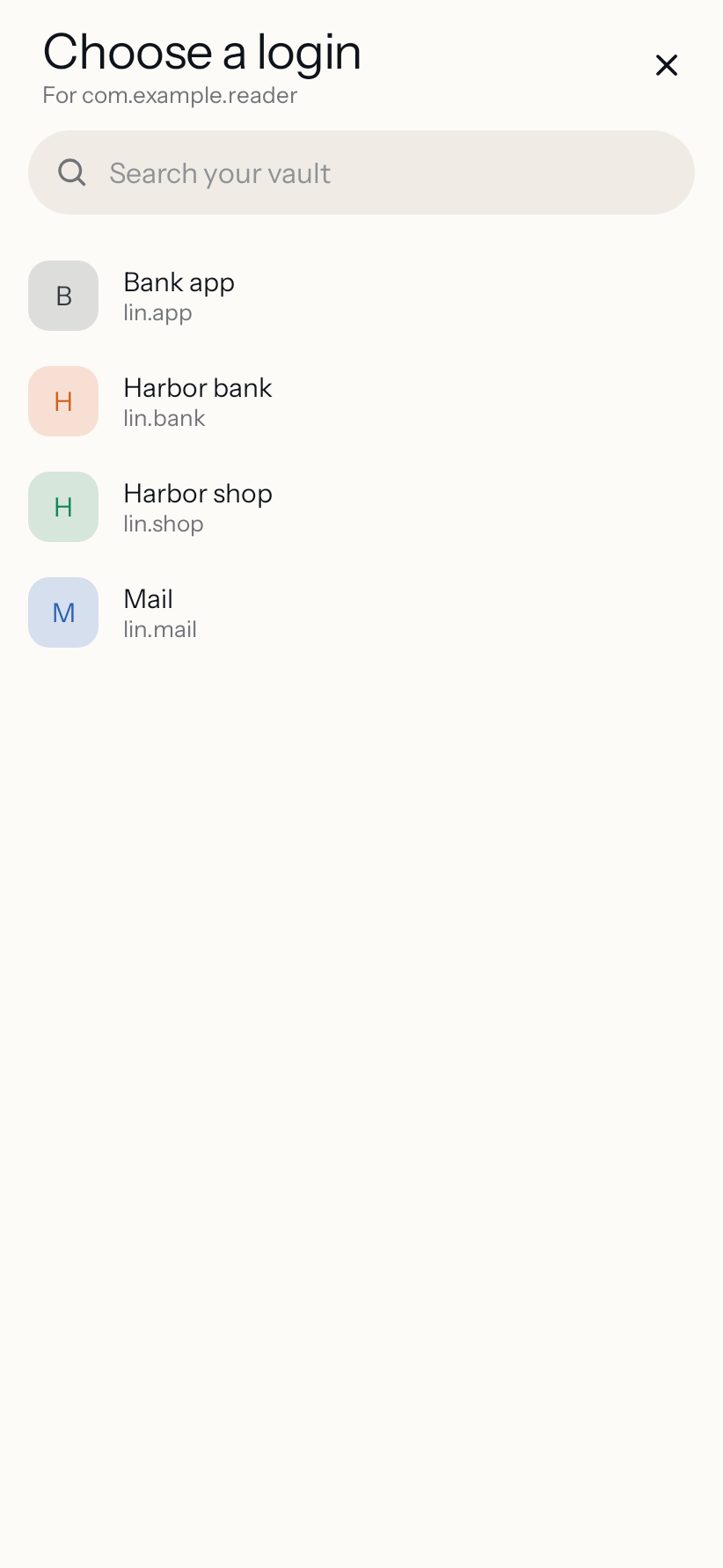 Cartouche on Android asking which login to fill into a fictitious app called com.example.reader