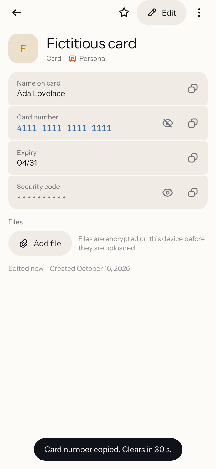 The Cartouche Android app showing a fictitious card with its number, expiry date and hidden security code