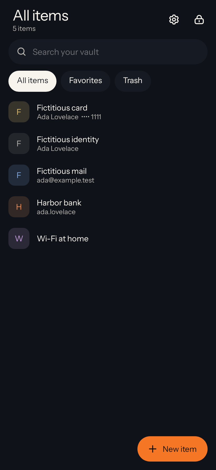 The Cartouche Android app in the dark theme, listing a fictitious card, identity, mail login, bank login and Wi-Fi password