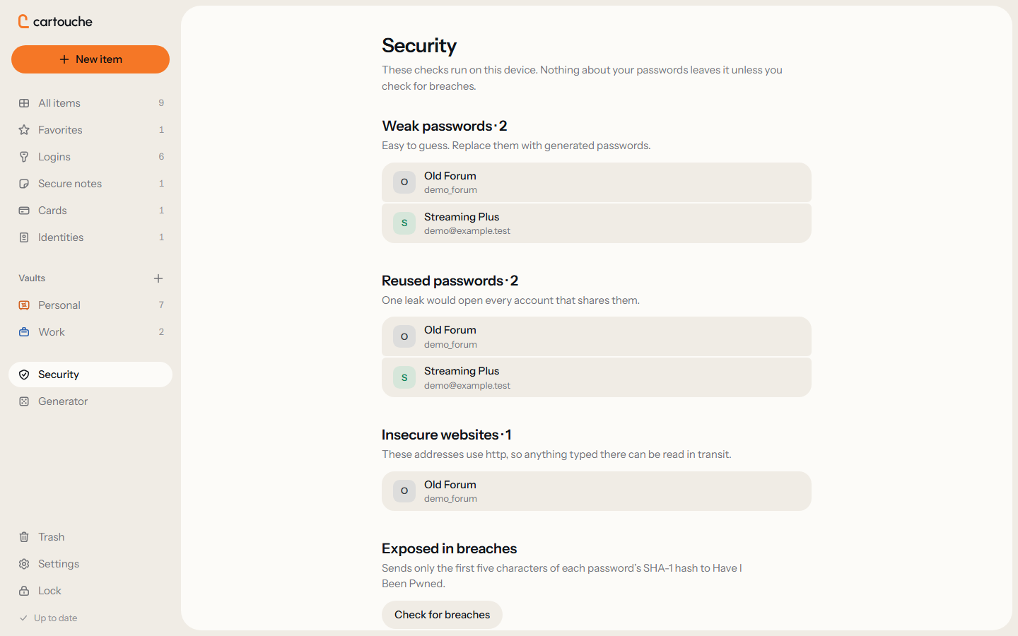 The security report of the Cartouche web app, listing fictitious logins with weak or reused passwords and an insecure website