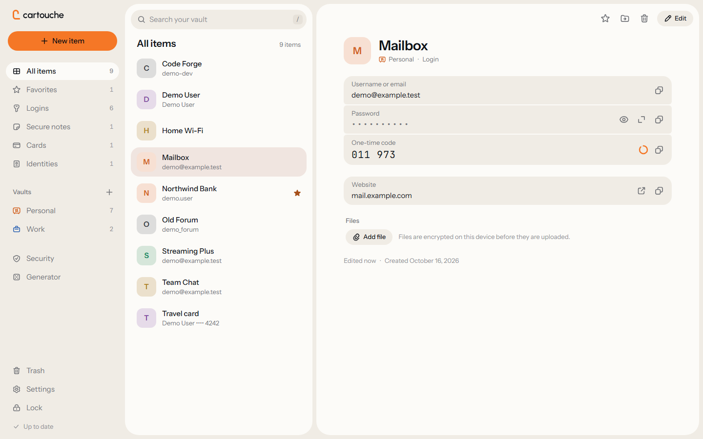 The Cartouche web app showing a fictitious mail login with its username, hidden password and one-time code